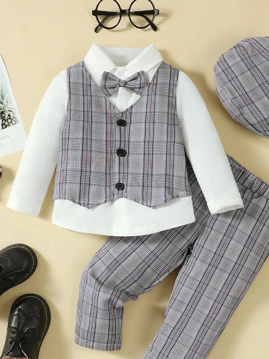 Hat, Long Sleeve Shirt, Plaid Vest and Pants 4-Piece Set Black/White / 2-3 