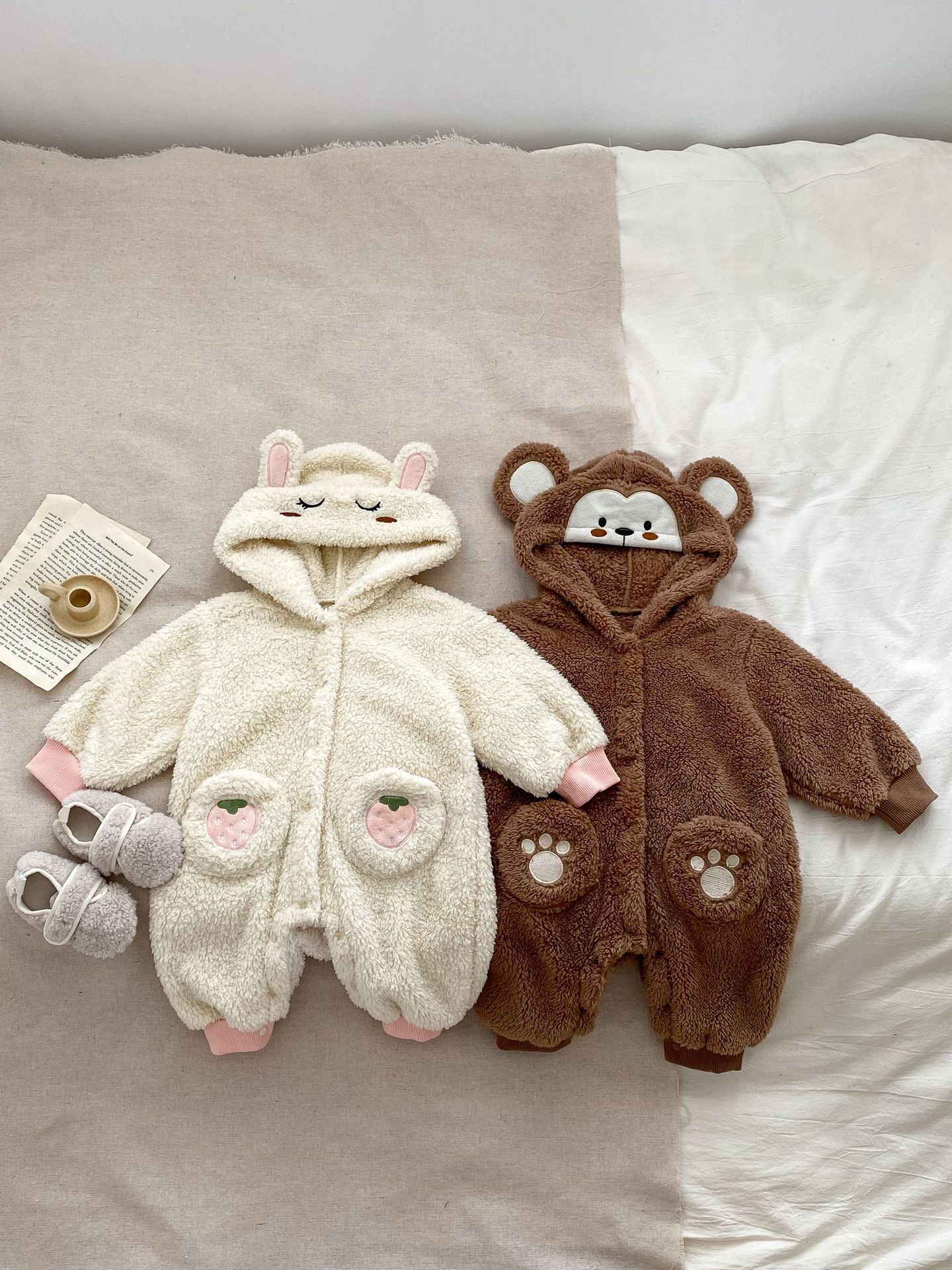 Winter Infant Baby Lovely Little Bear Little Rabbit Style Thermal Pajamas Romper 66 (3-6M) / Beige 