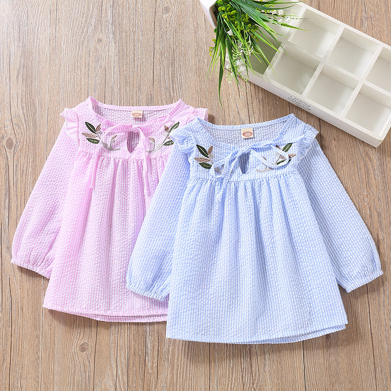 Baby Girl Embroidery Pattern Bow Tie Design Striped Long Sleeve T-Shirt 90 (12-24M) / Blue 