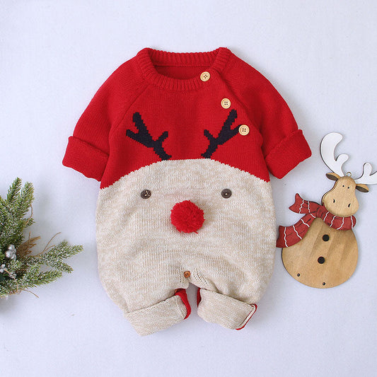 Baby Cartton Pattern Contrast Design Side Button Christmas Knitted Romper 73 (6-9M) / Navy Blue 
