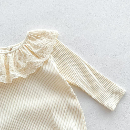 Spring and Autumn Arrival Baby Girls Long Sleeves Floral Embroidery Pattern Collar Base Layer Onesie 66 (3-6M) / Beige 