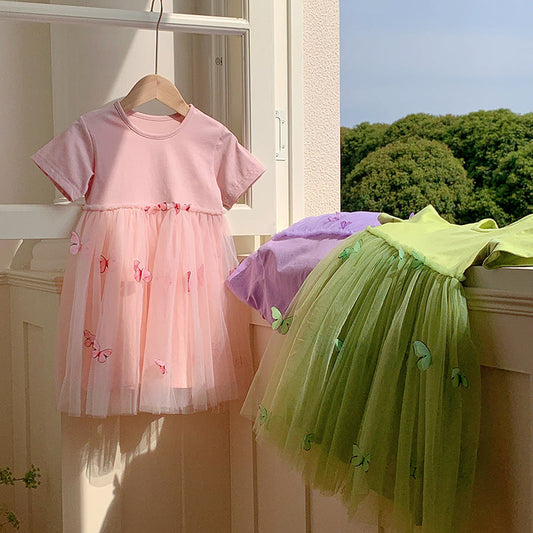 Summer Baby Kids Girls Princess Crew Neck Short Sleeves 3D Butterfly Mesh Patchwork Dress 90 (12-24M) / Green 