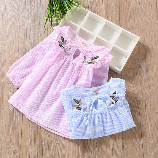 Baby Girl Embroidery Pattern Bow Tie Design Striped Long Sleeve T-Shirt 90 (12-24M) / Blue 