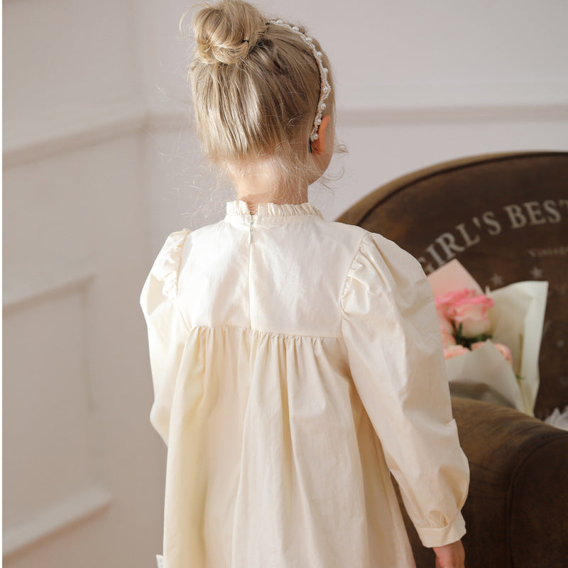 Arrival Autumn Girls Ruffle Neck Long Sleeves Flowers Embroidery Dress 90 (12-24M) / Apricot 