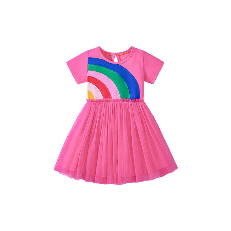 Summer Arrival Rainbow Pattern Short Sleeves Tulle Patchwork Dress for Stylish Girls 90 (12-24M) / Pink 