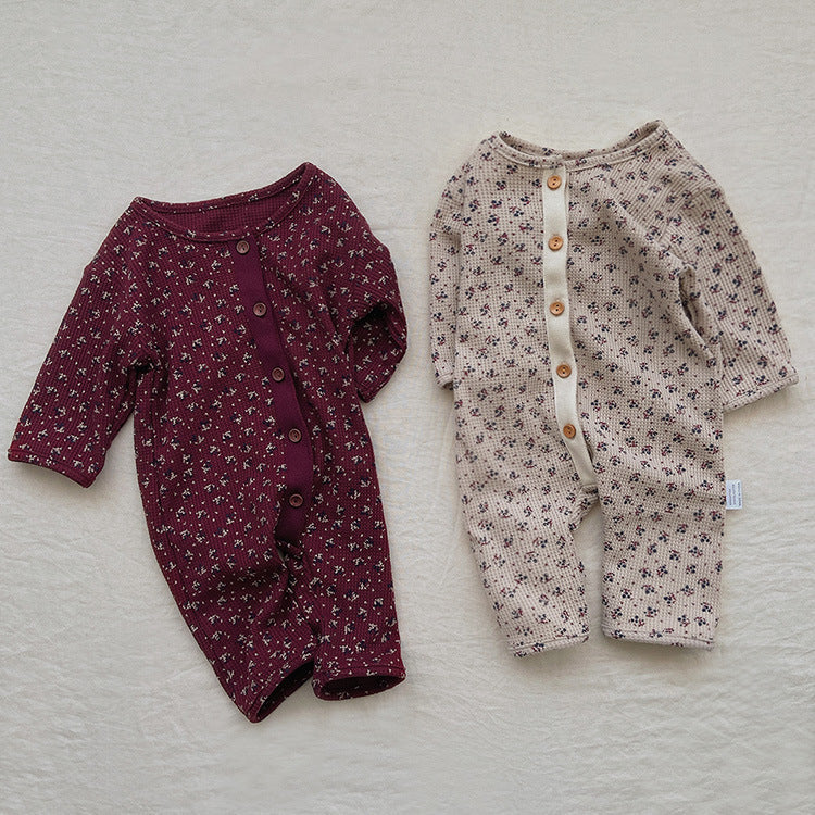 Baby Ditsy Flower Pattern Full Button Design Waffle Knit Rompers 66 (3-6M) / Apricot 