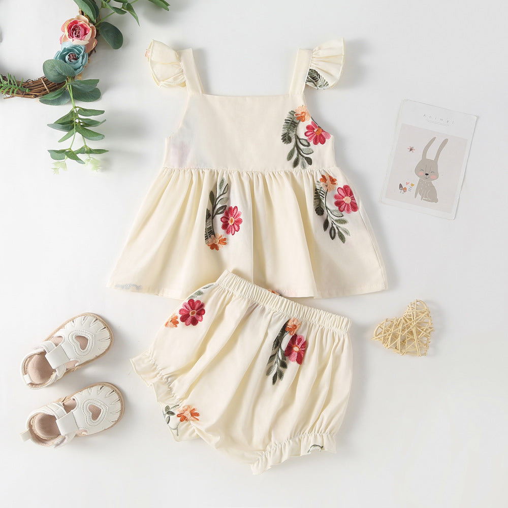 Summer Baby Kids Girls Floral Pattern Sleeveless Strap Top Dress And Bloomers Clothing Set/ Onesies 66 (3-6M) / Apricot 
