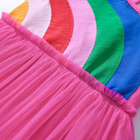 Summer Arrival Rainbow Pattern Short Sleeves Tulle Patchwork Dress for Stylish Girls 90 (12-24M) / Pink 