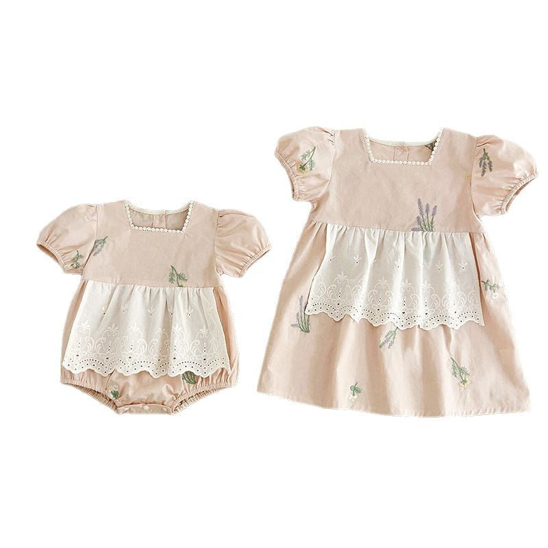 Summer Baby Girls French-style Flowers Embroidery Pattern Short-sleeved Onesies and Dress – Princess Sister Matching 66 (3-6M) / Apricot 