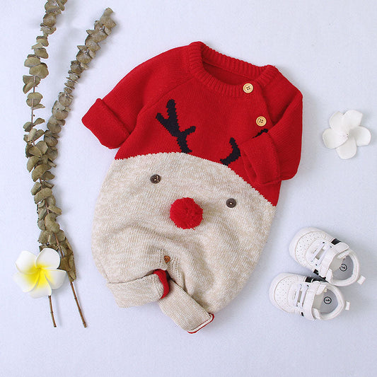 Baby Cartton Pattern Contrast Design Side Button Christmas Knitted Romper 73 (6-9M) / Navy Blue 