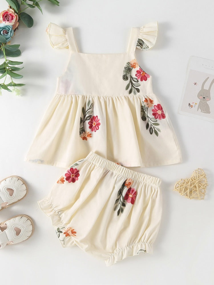 Summer Baby Kids Girls Floral Pattern Sleeveless Strap Top Dress And Bloomers Clothing Set/ Onesies 66 (3-6M) / Apricot 