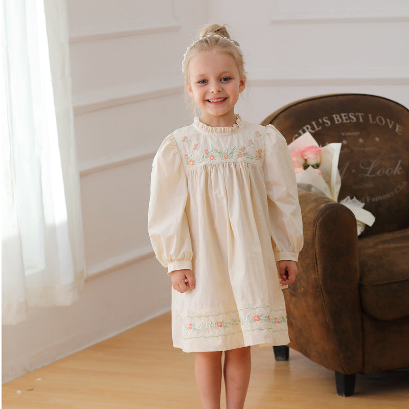 Arrival Autumn Girls Ruffle Neck Long Sleeves Flowers Embroidery Dress 90 (12-24M) / Apricot 