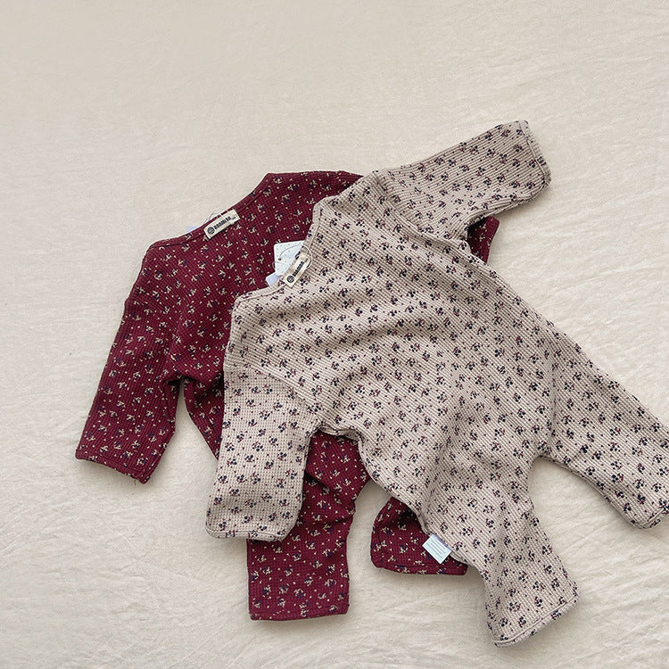 Baby Ditsy Flower Pattern Full Button Design Waffle Knit Rompers 66 (3-6M) / Apricot 