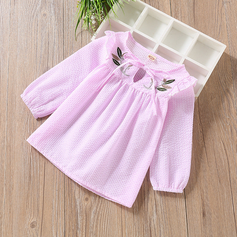 Baby Girl Embroidery Pattern Bow Tie Design Striped Long Sleeve T-Shirt 90 (12-24M) / Blue 