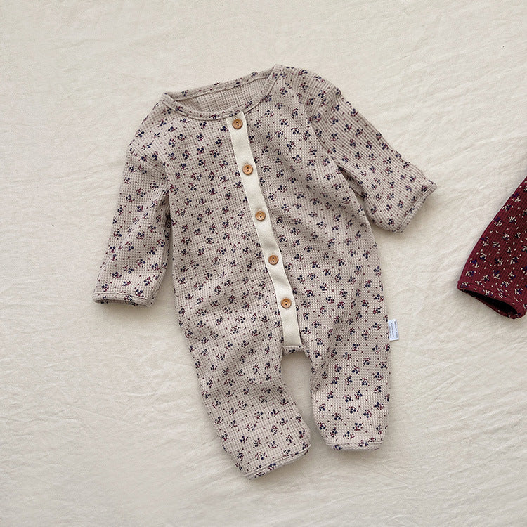 Baby Ditsy Flower Pattern Full Button Design Waffle Knit Rompers 66 (3-6M) / Apricot 