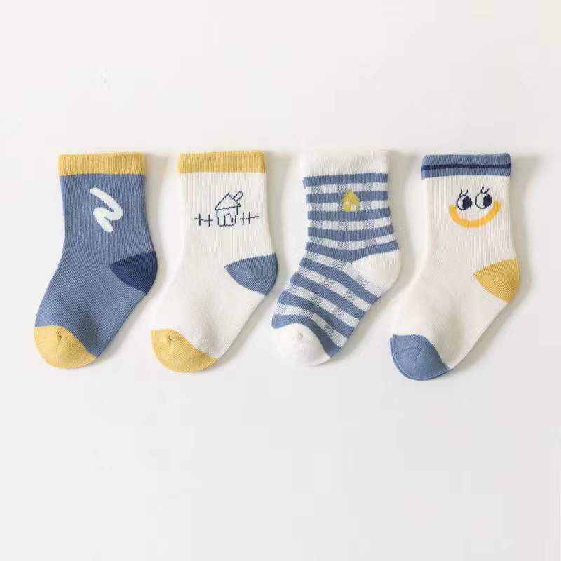 Baby Unisex 1Lot=4 Pairs Smile With House Pattern Socks S (0-1Y) / Blue / 4 Pairs 