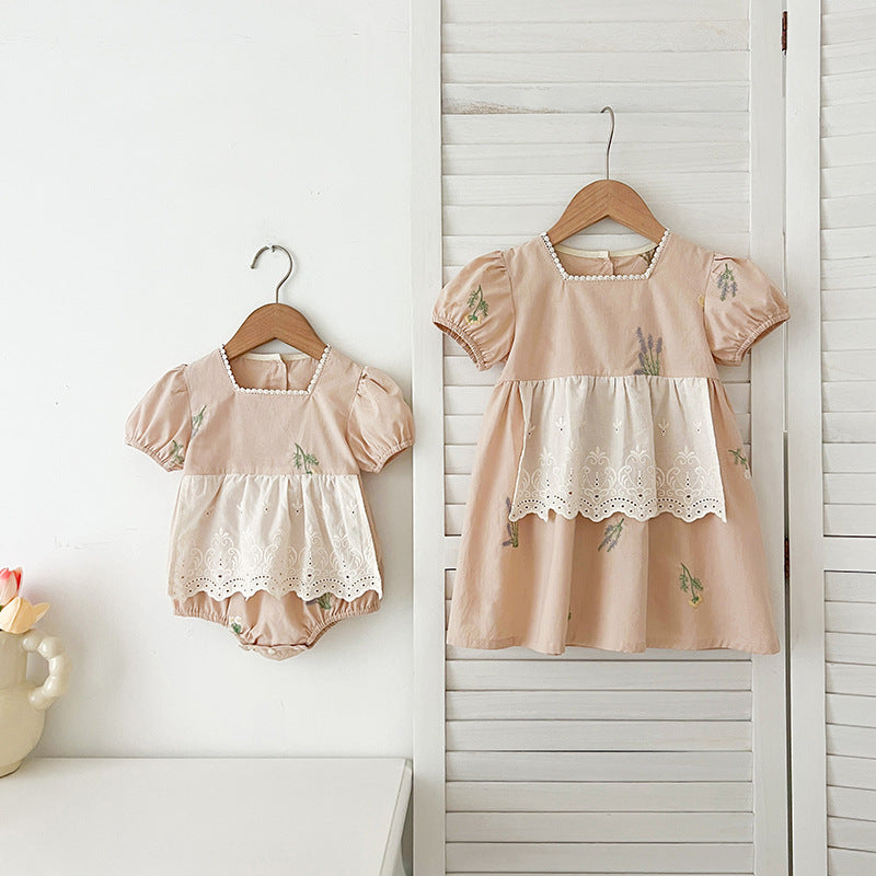 Summer Baby Girls French-style Flowers Embroidery Pattern Short-sleeved Onesies and Dress – Princess Sister Matching 66 (3-6M) / Apricot 