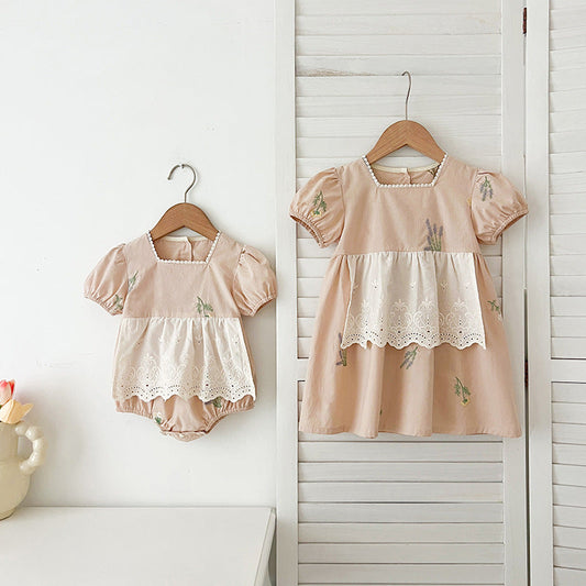 Summer Baby Girls French-style Flowers Embroidery Pattern Short-sleeved Onesies and Dress – Princess Sister Matching 66 (3-6M) / Apricot 