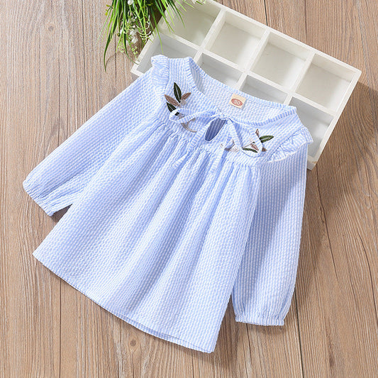 Baby Girl Embroidery Pattern Bow Tie Design Striped Long Sleeve T-Shirt 90 (12-24M) / Blue 