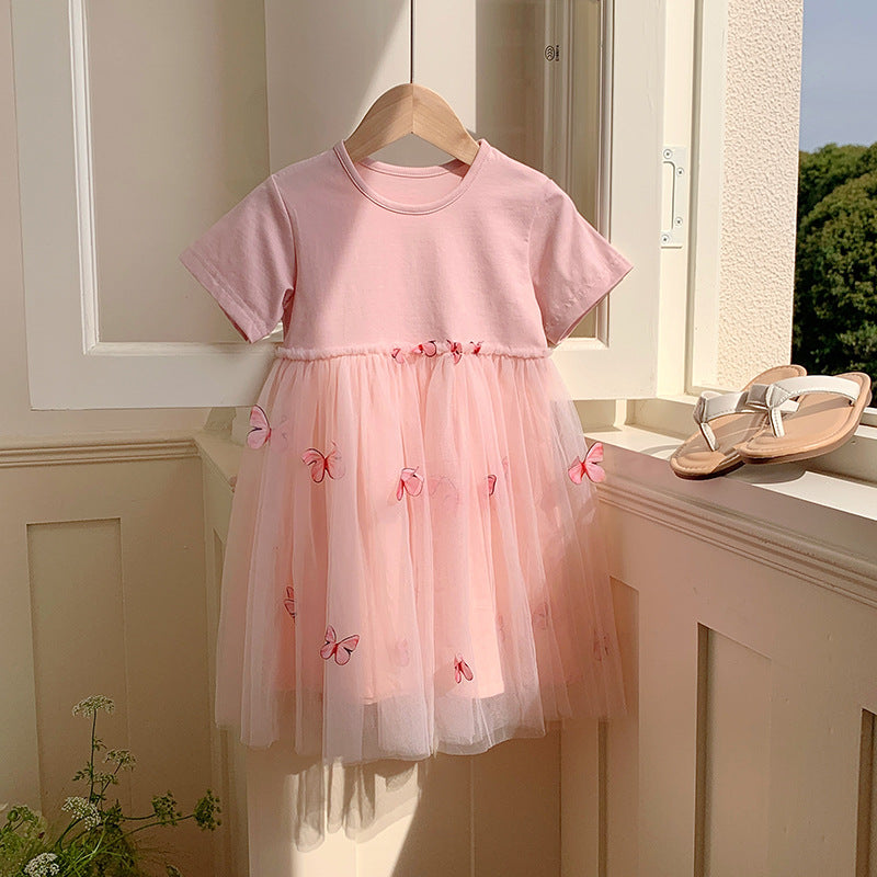 Summer Baby Kids Girls Princess Crew Neck Short Sleeves 3D Butterfly Mesh Patchwork Dress 90 (12-24M) / Green 
