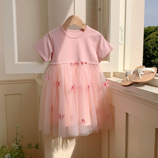 Summer Baby Kids Girls Princess Crew Neck Short Sleeves 3D Butterfly Mesh Patchwork Dress 90 (12-24M) / Green 