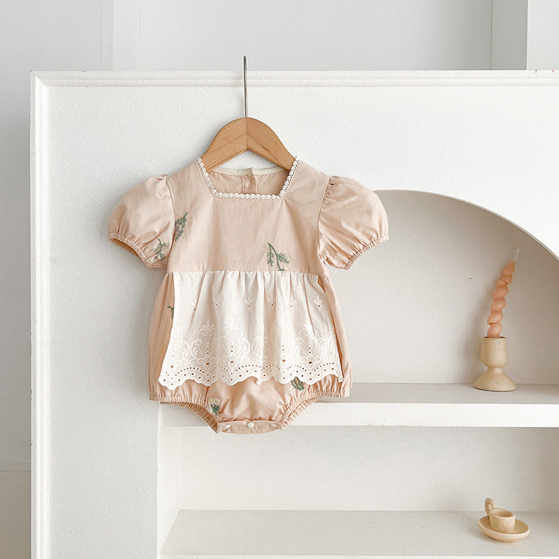 Summer Baby Girls French-style Flowers Embroidery Pattern Short-sleeved Onesies and Dress – Princess Sister Matching 66 (3-6M) / Apricot 