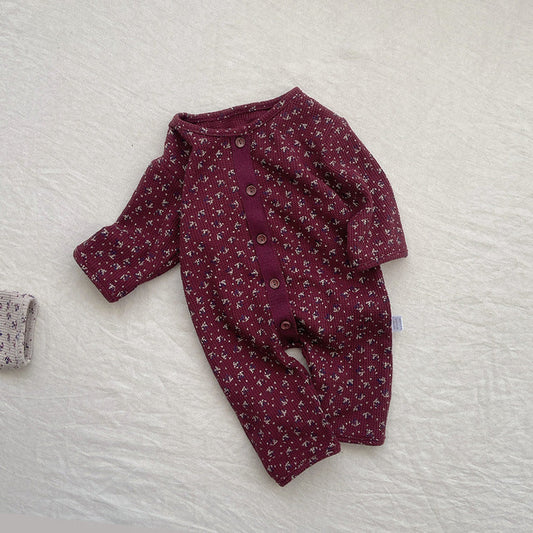 Baby Ditsy Flower Pattern Full Button Design Waffle Knit Rompers 66 (3-6M) / Apricot 