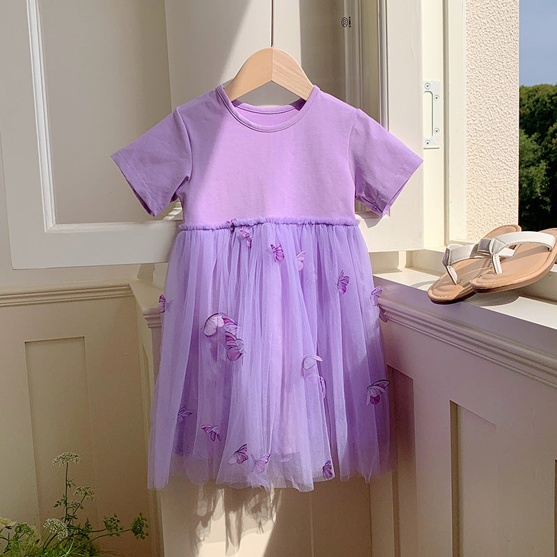 Summer Baby Kids Girls Princess Crew Neck Short Sleeves 3D Butterfly Mesh Patchwork Dress 90 (12-24M) / Green 