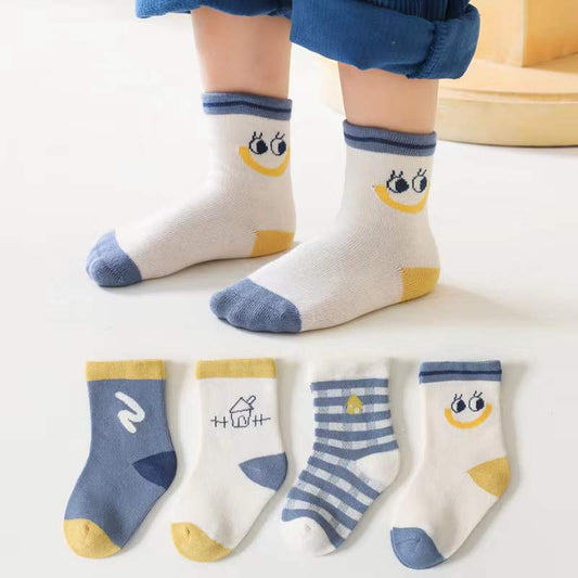 Baby Unisex 1Lot=4 Pairs Smile With House Pattern Socks S (0-1Y) / Blue / 4 Pairs 