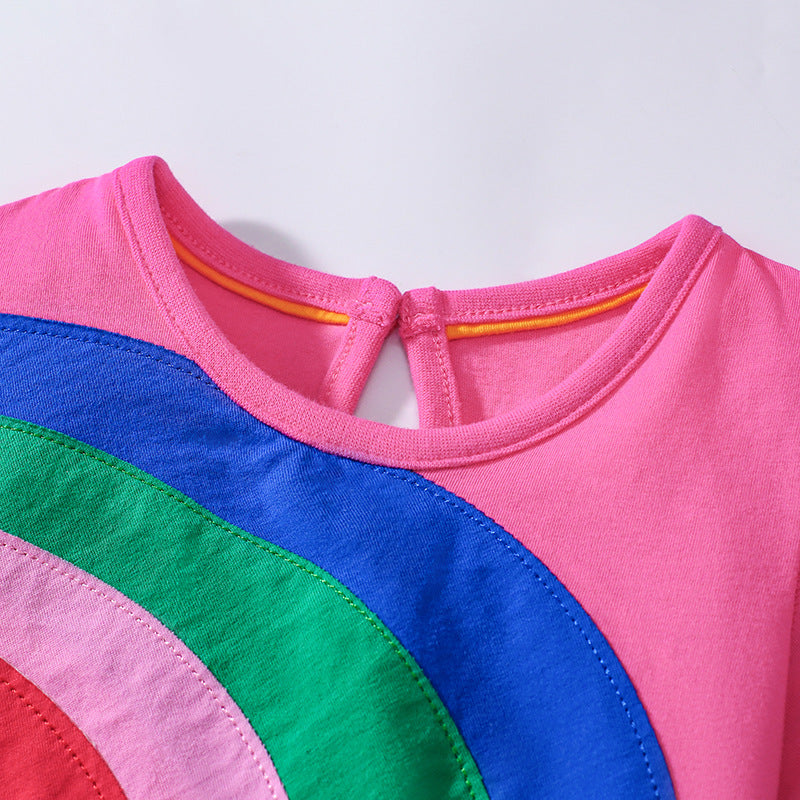 Summer Arrival Rainbow Pattern Short Sleeves Tulle Patchwork Dress for Stylish Girls 90 (12-24M) / Pink 