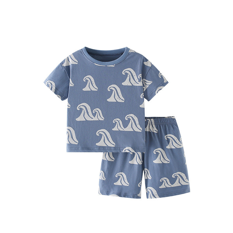 Summer Baby Kids Waves Pattern T-shirt and Shorts Clothing Set for Boys 100 (2-3Y) / Blue 