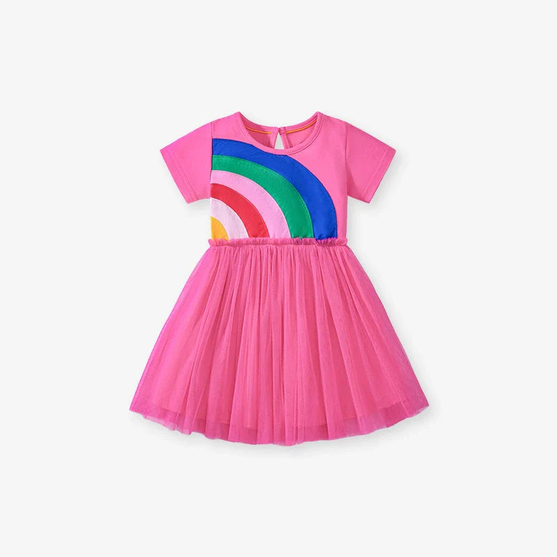 Summer Arrival Rainbow Pattern Short Sleeves Tulle Patchwork Dress for Stylish Girls 90 (12-24M) / Pink 