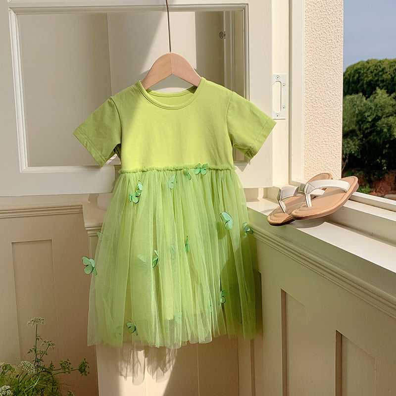 Summer Baby Kids Girls Princess Crew Neck Short Sleeves 3D Butterfly Mesh Patchwork Dress 90 (12-24M) / Green 