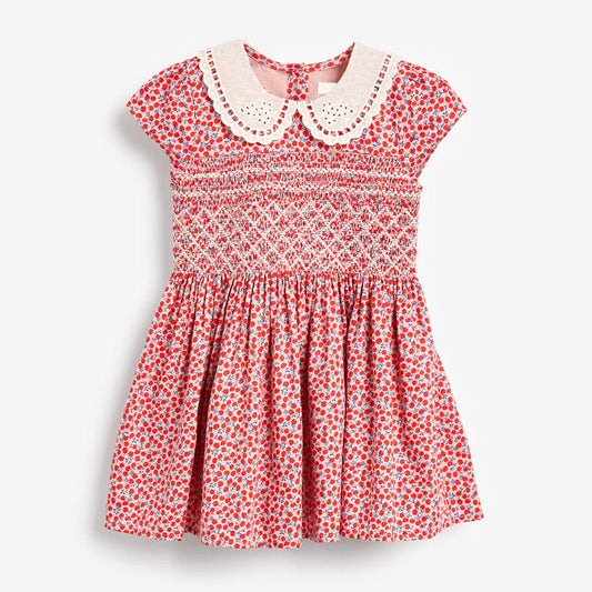 Baby Girl Ditsy Flower Print Hollow Carved Neck Knitted Waist Dress 90 (12-24M) / Red 