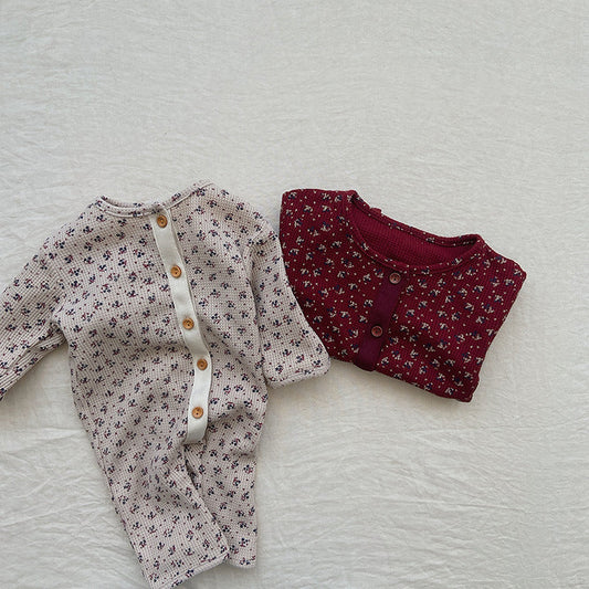 Baby Ditsy Flower Pattern Full Button Design Waffle Knit Rompers 66 (3-6M) / Apricot 