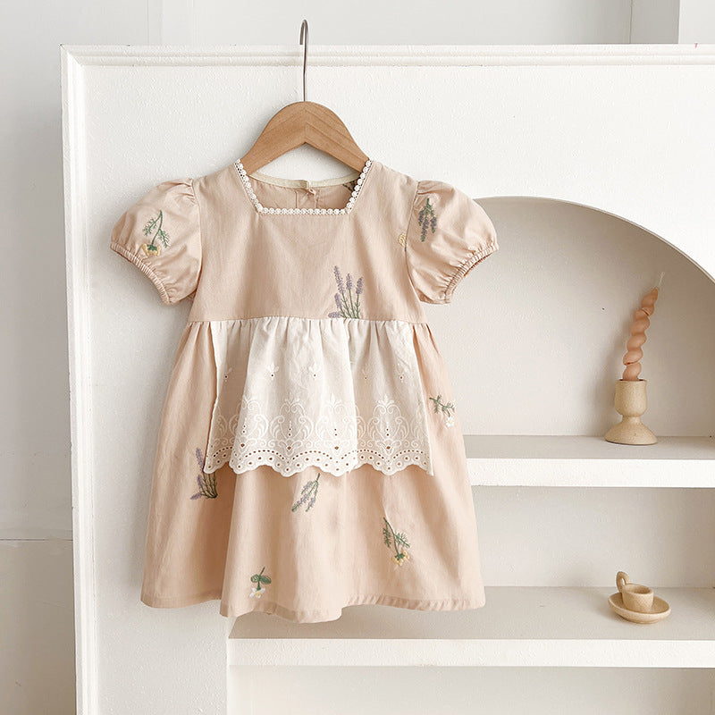 Summer Baby Girls French-style Flowers Embroidery Pattern Short-sleeved Onesies and Dress – Princess Sister Matching 66 (3-6M) / Apricot 