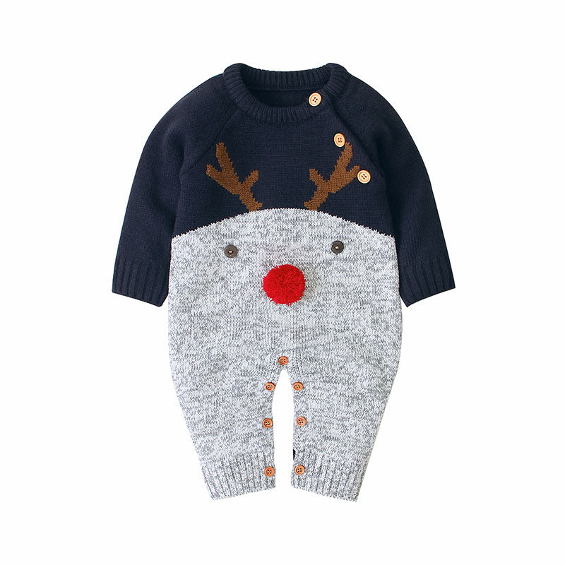 Baby Cartton Pattern Contrast Design Side Button Christmas Knitted Romper 73 (6-9M) / Navy Blue 