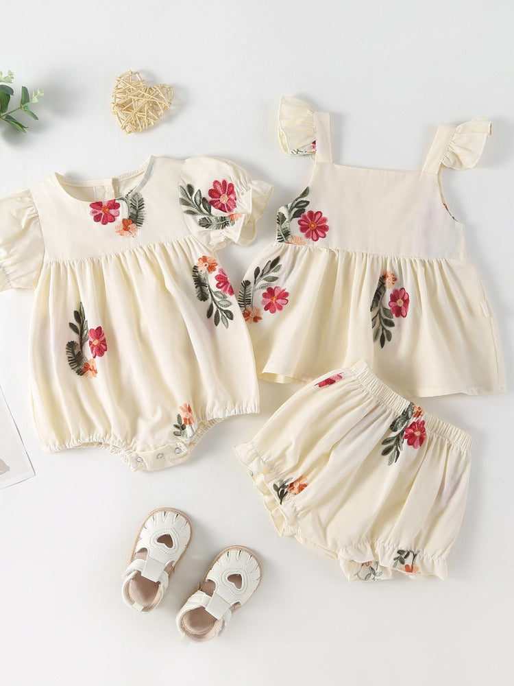 Summer Baby Kids Girls Floral Pattern Sleeveless Strap Top Dress And Bloomers Clothing Set/ Onesies 66 (3-6M) / Apricot 