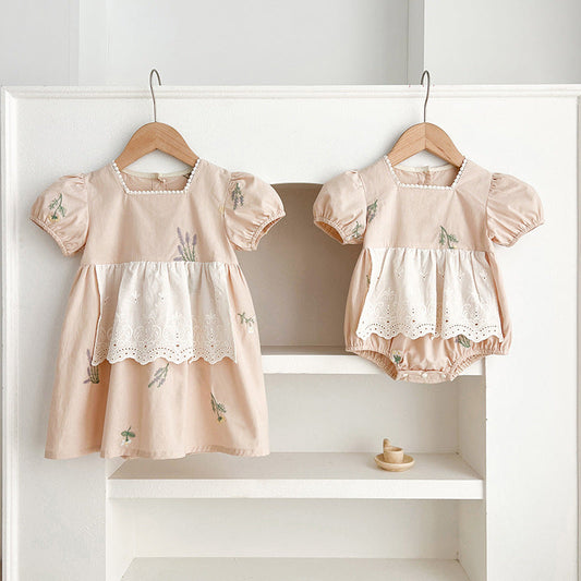 Summer Baby Girls French-style Flowers Embroidery Pattern Short-sleeved Onesies and Dress – Princess Sister Matching 66 (3-6M) / Apricot 