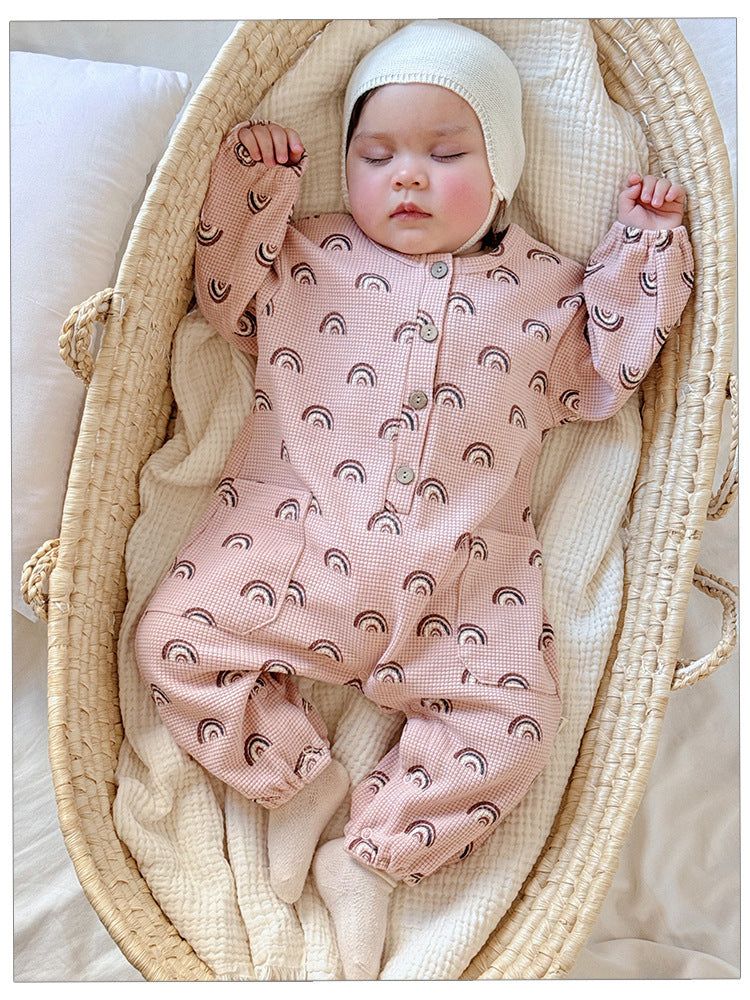 Spring Arrival Baby Unisex Long Sleeves Waffle Grid and Simple Pattern Rompers 66 (3-6M) / Pink 