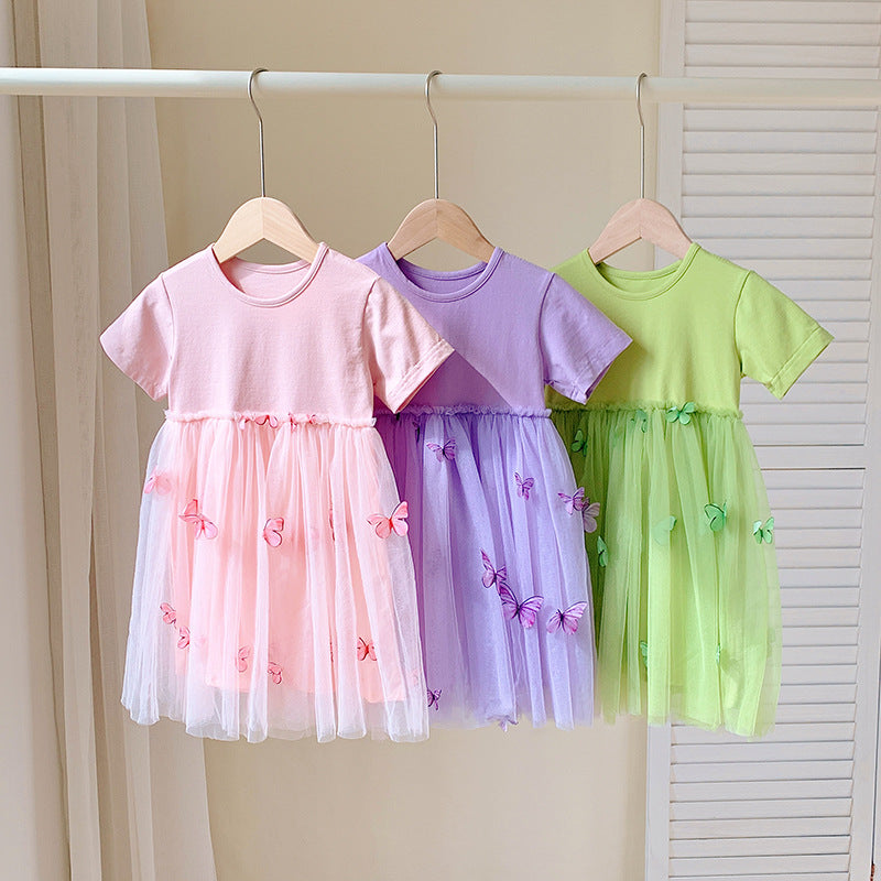 Summer Baby Kids Girls Princess Crew Neck Short Sleeves 3D Butterfly Mesh Patchwork Dress 90 (12-24M) / Green 